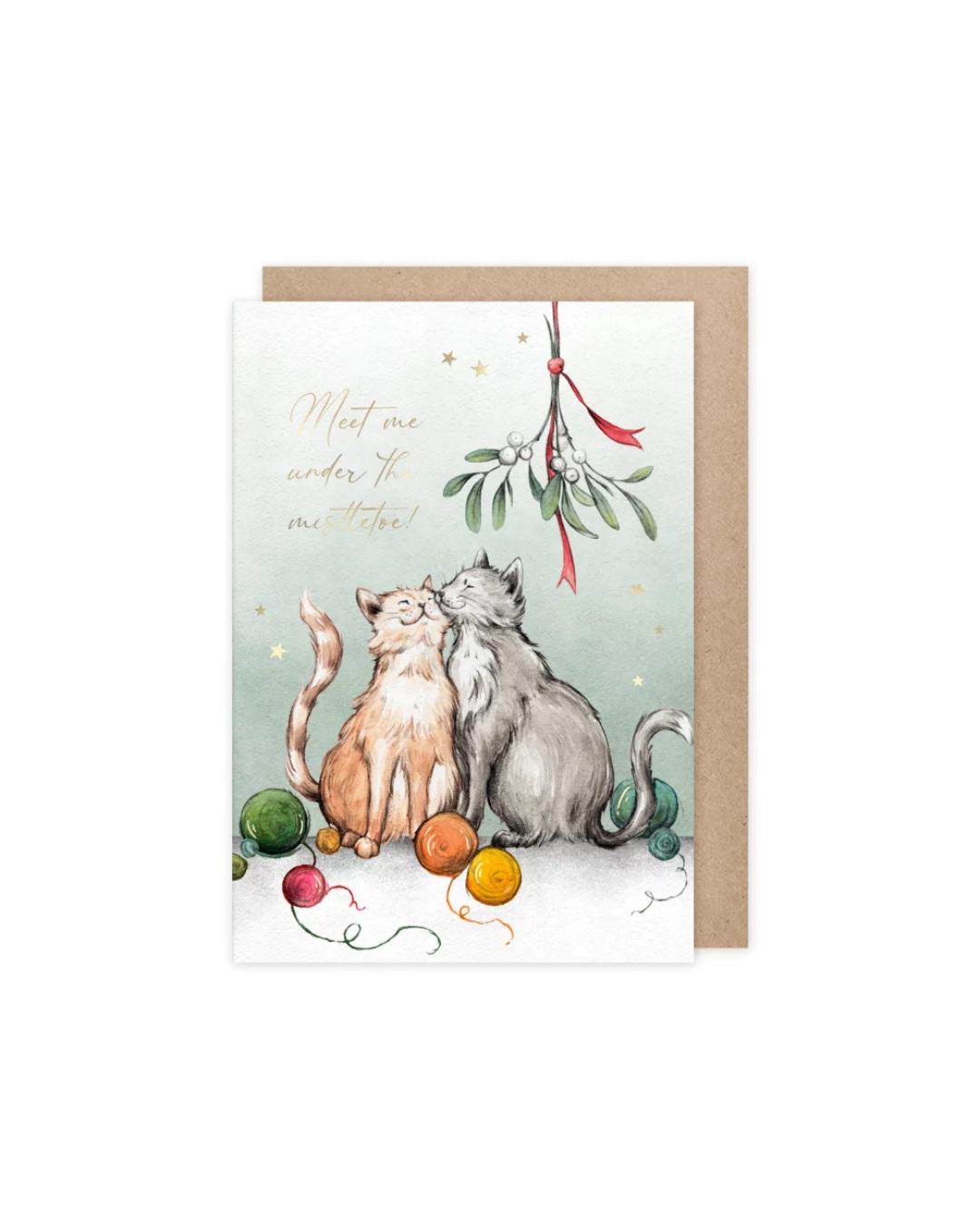 Weihnachtskarte vom Grätz Verlag mit zwei schmusenden Katzen unter Mistelzweig