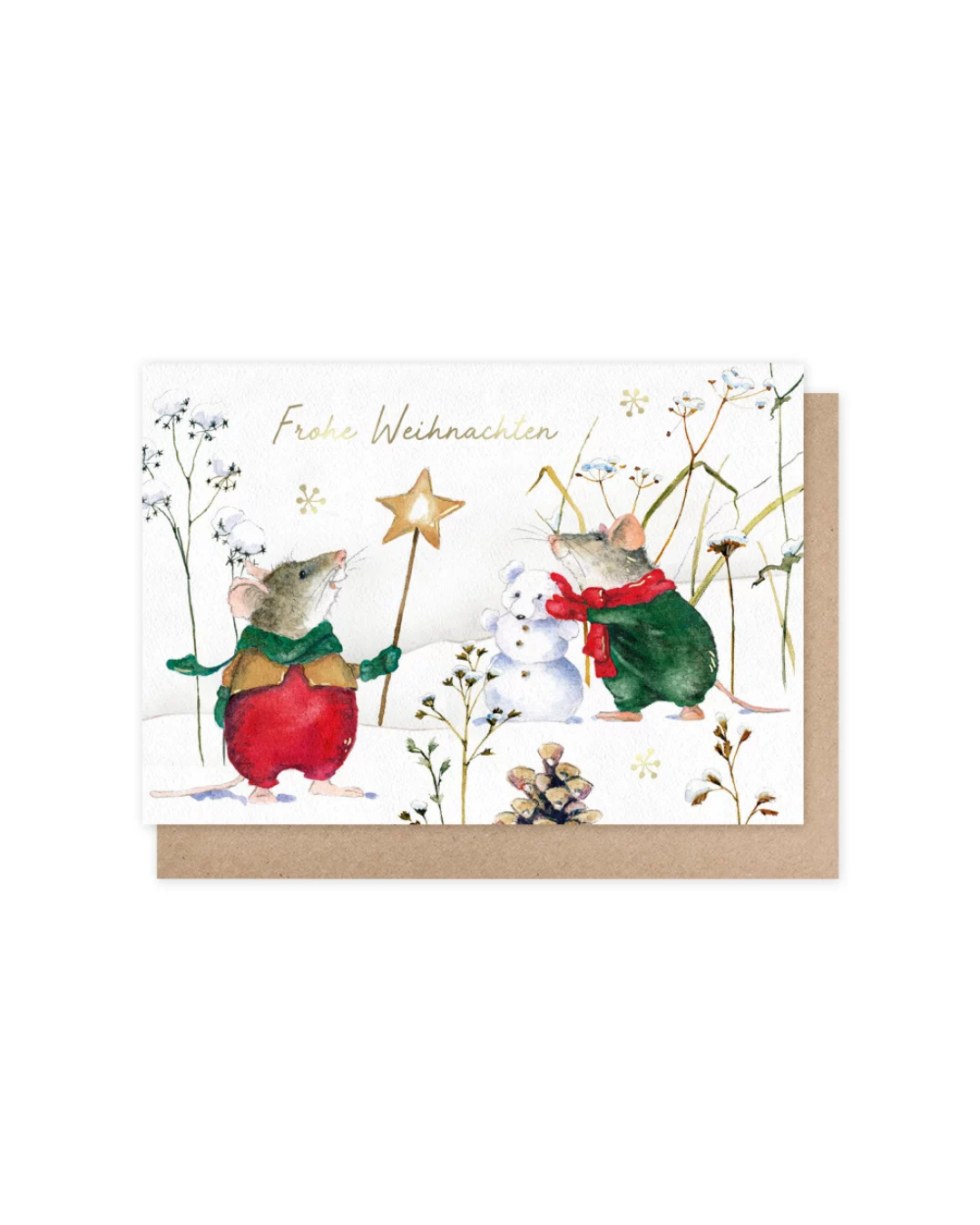 Weihnachtskarte mit zwei Mäusen und Schneemann vom Grätz Verlag