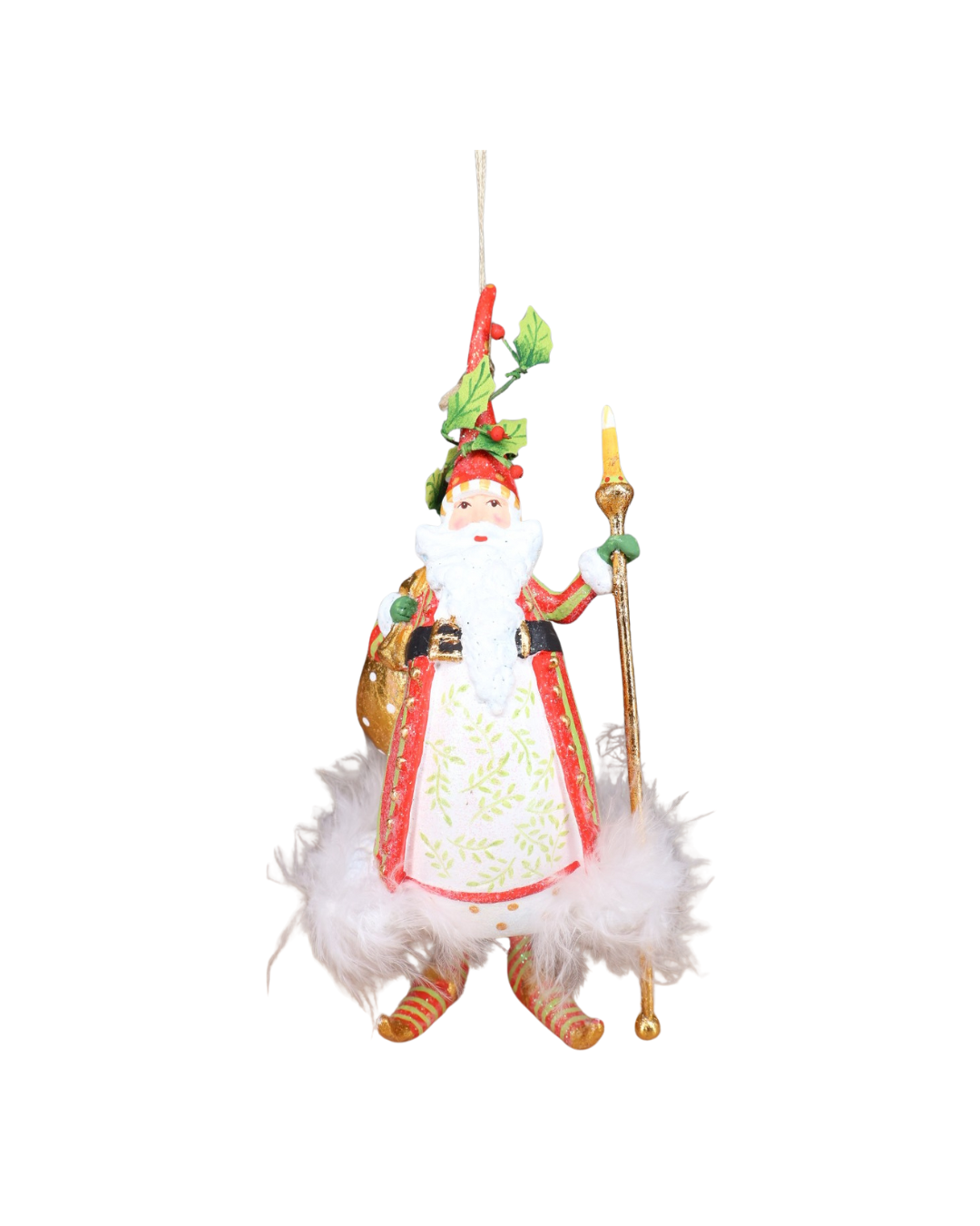 Mr. Santa Krinkle von Patience Brewster frontal mit rotem Mantel, weißem Flaum und goldenem Stab.