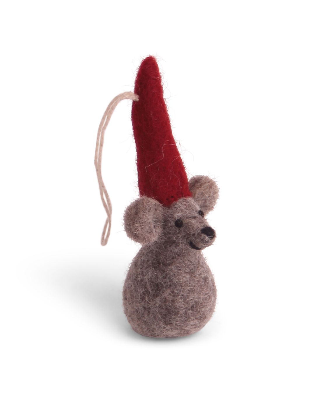 Filzanhänger "Weihnachtsmaus" von Gry & Sif aus braun-grauem FIlz mit roter, spitzer Weihnachtsmütze.