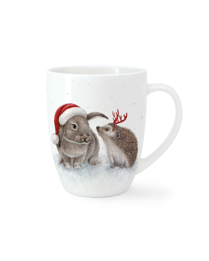 Weihnachtstasse Sweet Christmas von Maluu mit Kaninchen und Igel im Schnee.