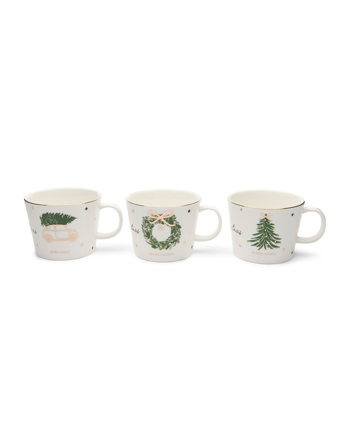 Produktbild: Drei Joyful Christmas Mugs von Rivièra Maison im 3er-Set mit festlichen Motiven.