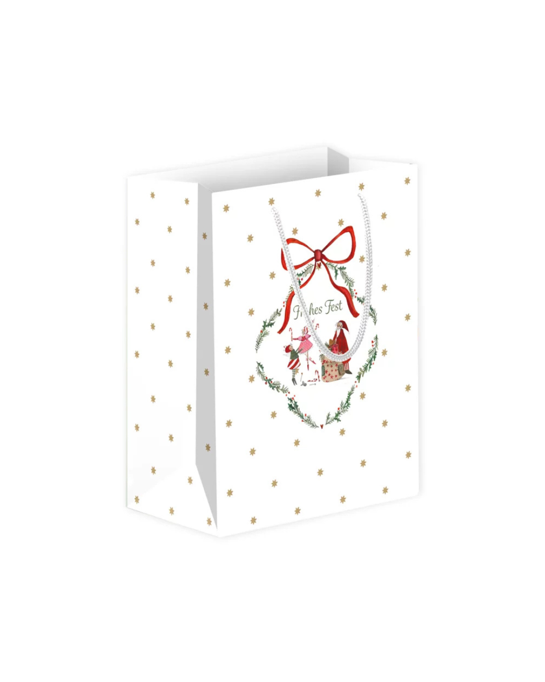 Kleine Geschenktasche „Weihnachtswerkstatt“ vom Grätz Verlag mit Nikolaus, Nussknacker und Elfen