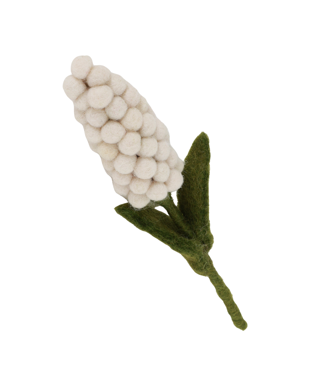 Weiße Filzblume „Hyazinthe“ von Gry & Sif mit dichter Blüte und grünem Stiel vor weißem Hintergrund.