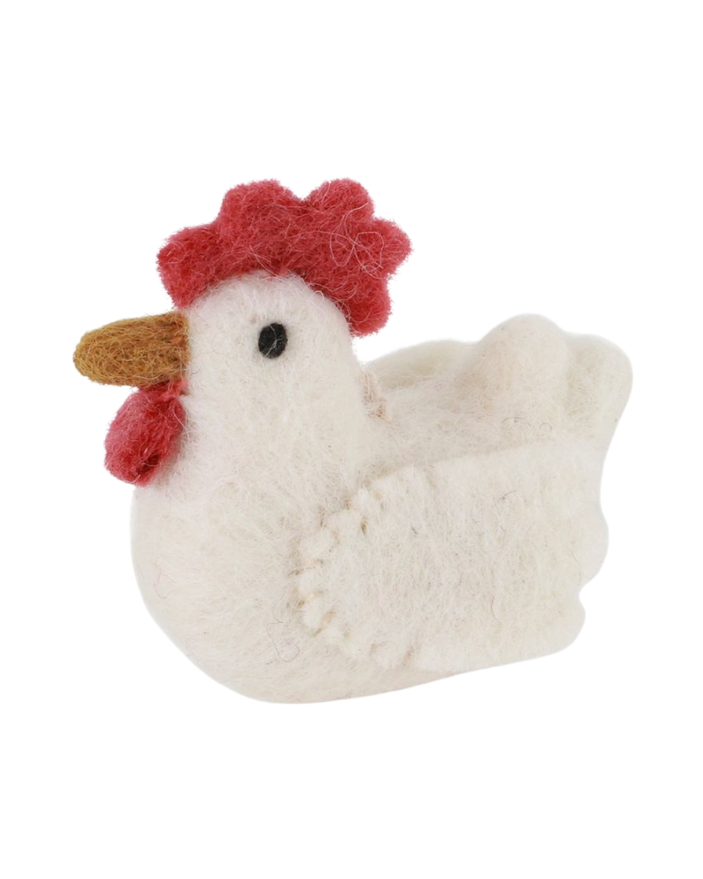 Weißer Hühner-Filzanhänger von Gry & Sif mit rotem Kamm und schlichter Form, freigestellt auf weißem Hintergrund.