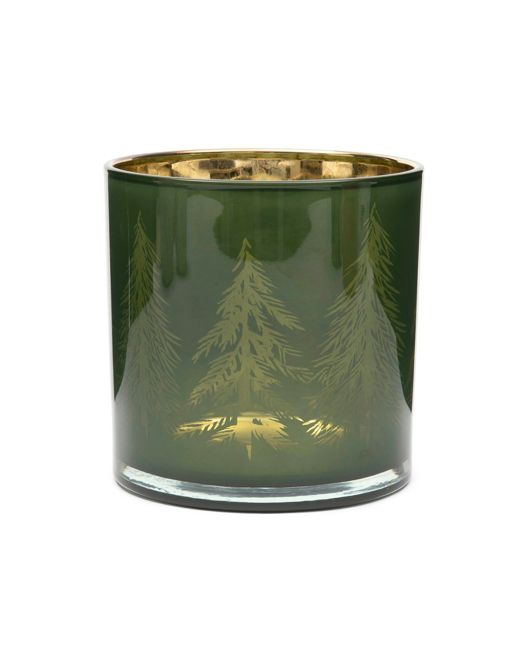 „Grünes Windlicht Winter Forest Votive von Rivièra Maison mit goldenen Tannen“