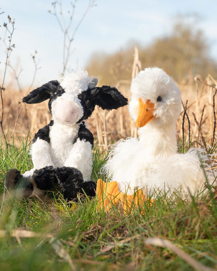 Gans Kuscheltier "Pearl" und Kuh Kuscheltier "Mathilda" sitzen nebeneinander auf einer Wiese. Im Hintergrund sind getrocknete Pflanzen erkennbar.