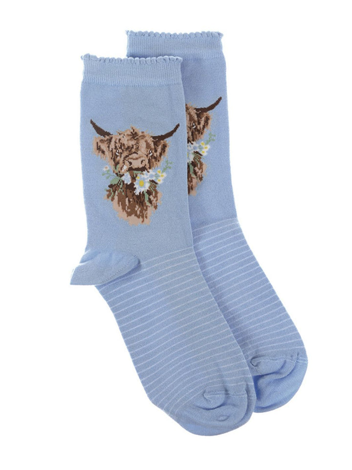 Wrendale Designs hellblaues Socken-Paar mit Longhorn-Motiv.