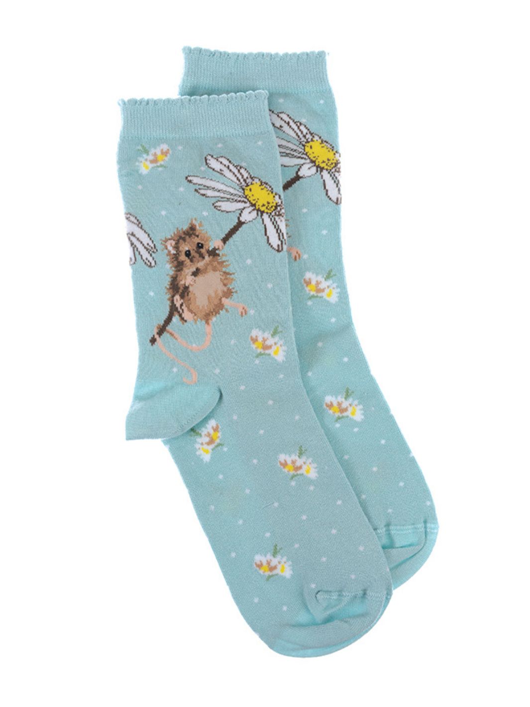 Wrendale Designs mintfarbenen Socken aus weichem Bambus mit einer Maus drauf.