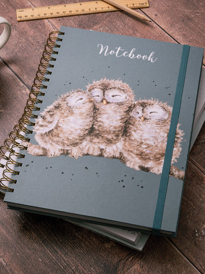 Wrendale Designs Notizbuch in nachtblau mit drei kuschelnden Eulen als Motiv drauf.