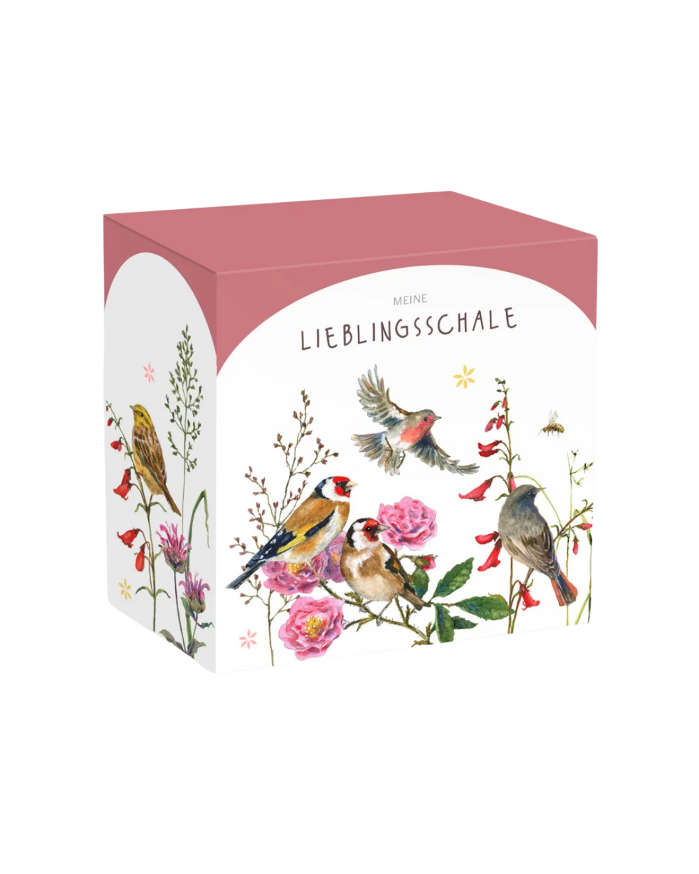 Geschenkverpackung zur Müslischale Zeit für Harmonie vom Grätz Verlag mit floralen Illustrationen und Vögeln.