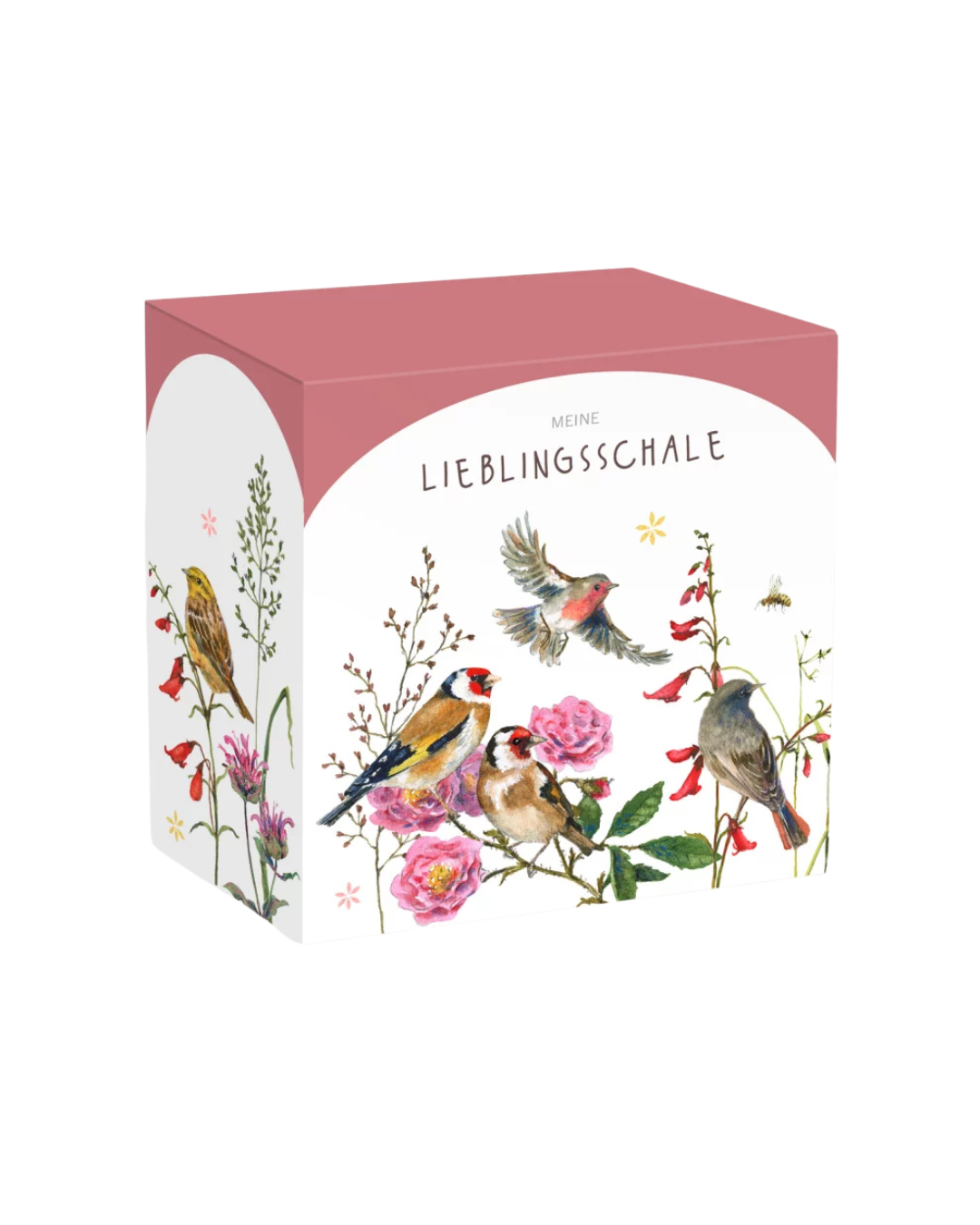 Geschenkverpackung zur Müslischale Zeit für Harmonie vom Grätz Verlag mit floralen Illustrationen und Vögeln.