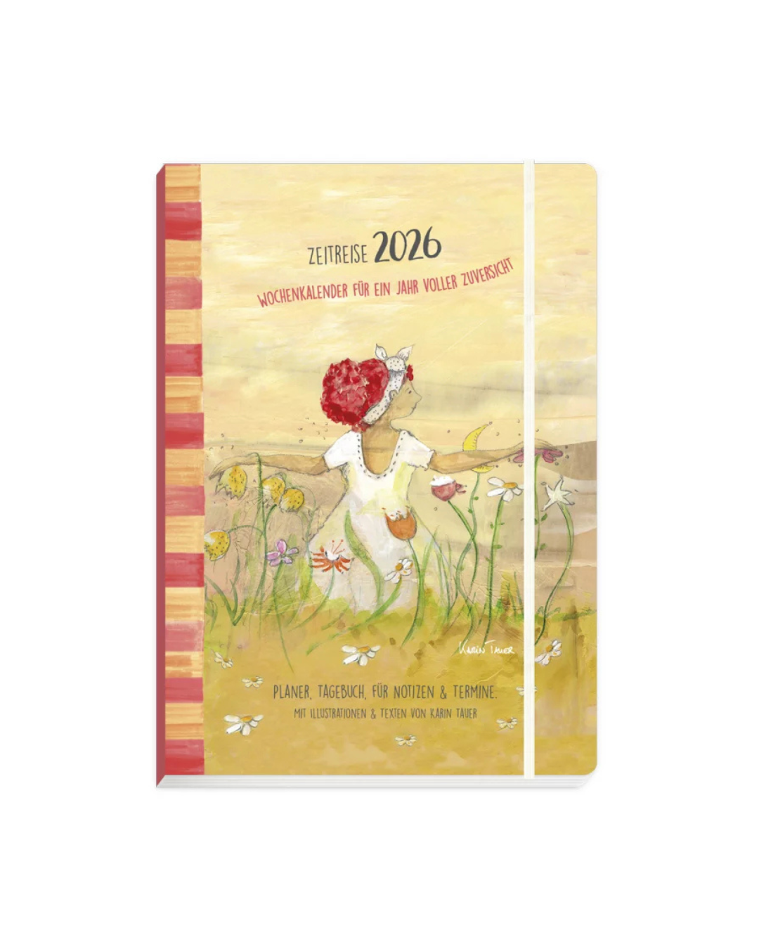 Wochenkalender 2026 „Zeitreise“ vom Grätz Verlag mit Hardcover auf dem eine Frau im Blumenmeer zu sehen ist.