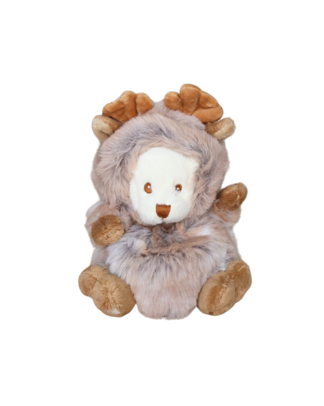 Beiger Ziggy im Elchkostüm von Bukowski Design als Kuscheltier vor weißem Hintergrund