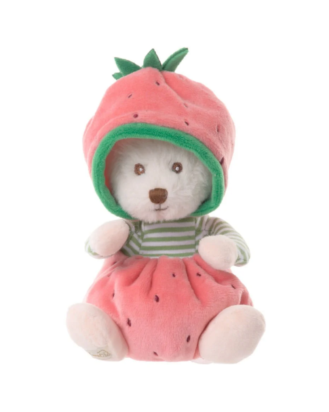 Kuscheltier "Ziggy Erdbeere Teddy" in rosa von Bukowski design Schweden vor weißen Hintergrund.