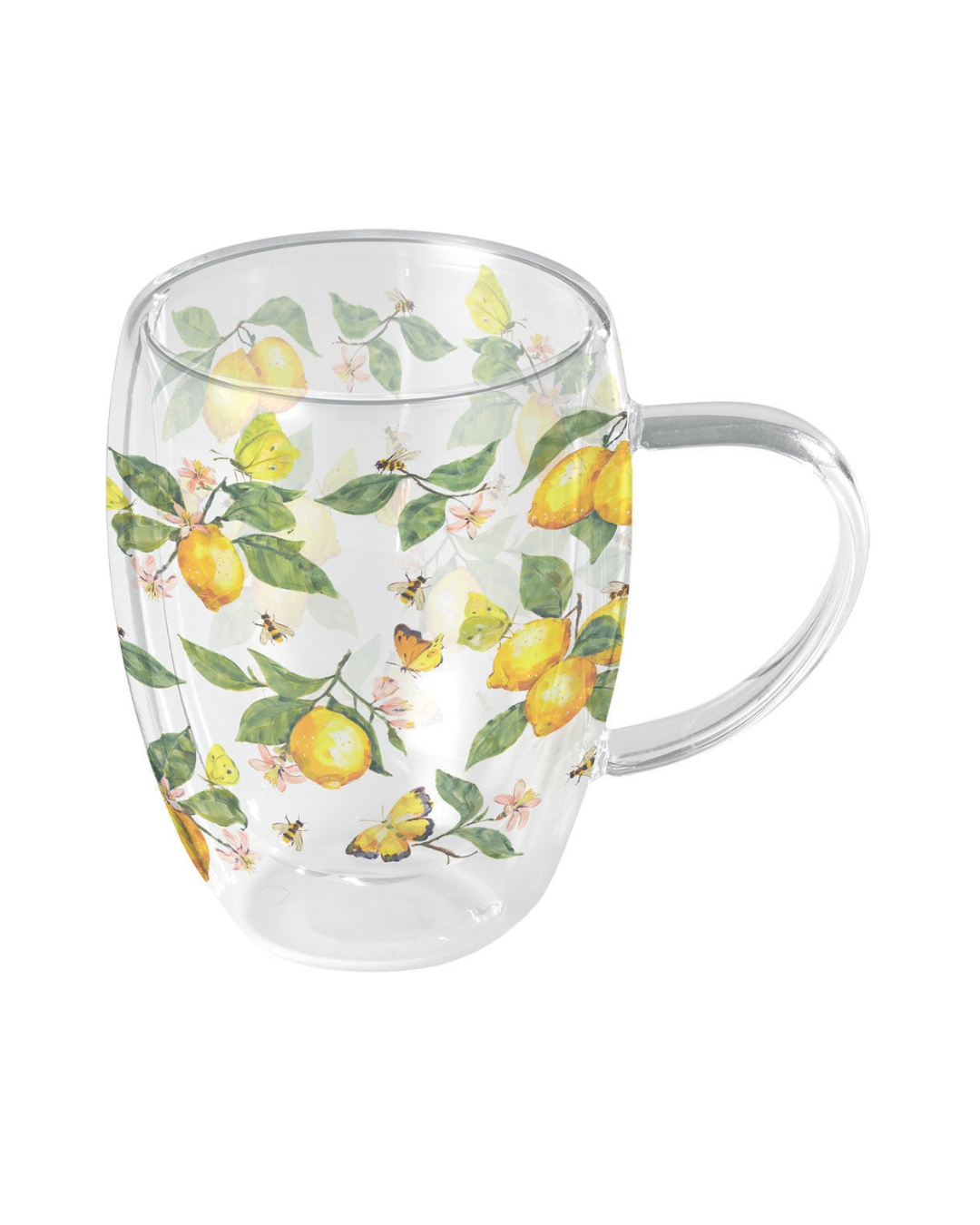 Doppelwandige Glastasse „Fresh Lemons“ von Ambiente mit Zitronenmotiv und Blättern