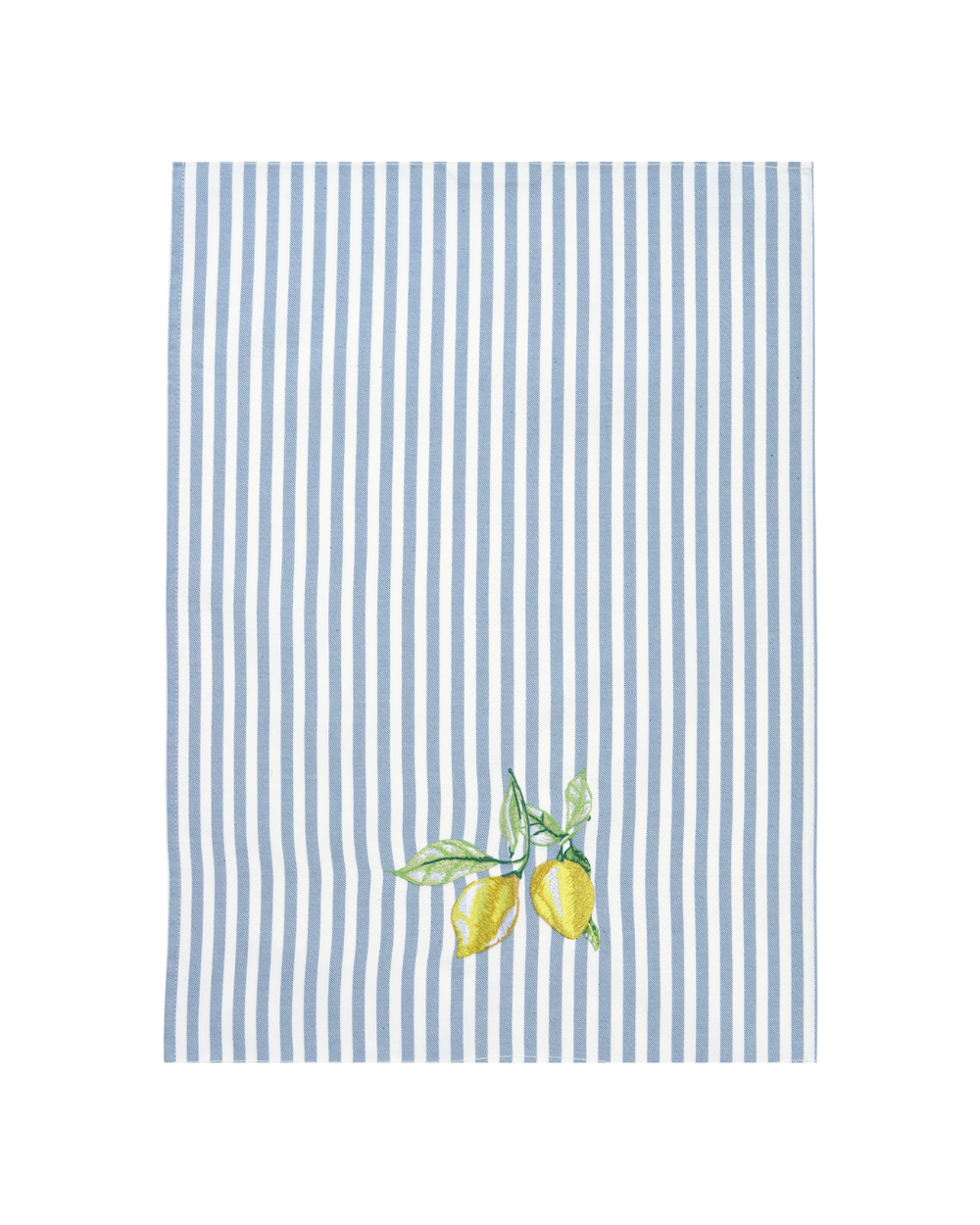 Dunkelblau-weiß gestreiftes Zitronen-Geschirrtuch „Limonetta“ von Sander mit gelber Zitronen-Stickerei, frontal freigestellt auf weißem Hintergrund.