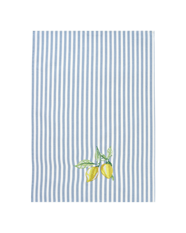 Dunkelblau-weiß gestreiftes Zitronen-Geschirrtuch „Limonetta“ von Sander mit gelber Zitronen-Stickerei, frontal freigestellt auf weißem Hintergrund.
