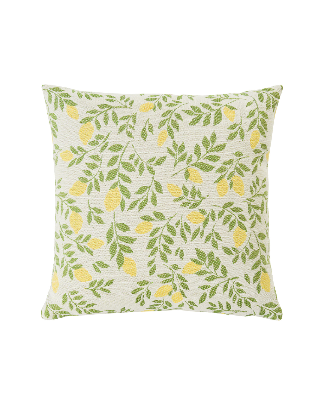 Zitronen Kissenbezug Lemonie von Sander mit grünen Blättern und gelben Zitronen auf hellem Grund. Der Kissenbezug liegt auf weißem Hintergrund und zeigt das detaillierte Muster.