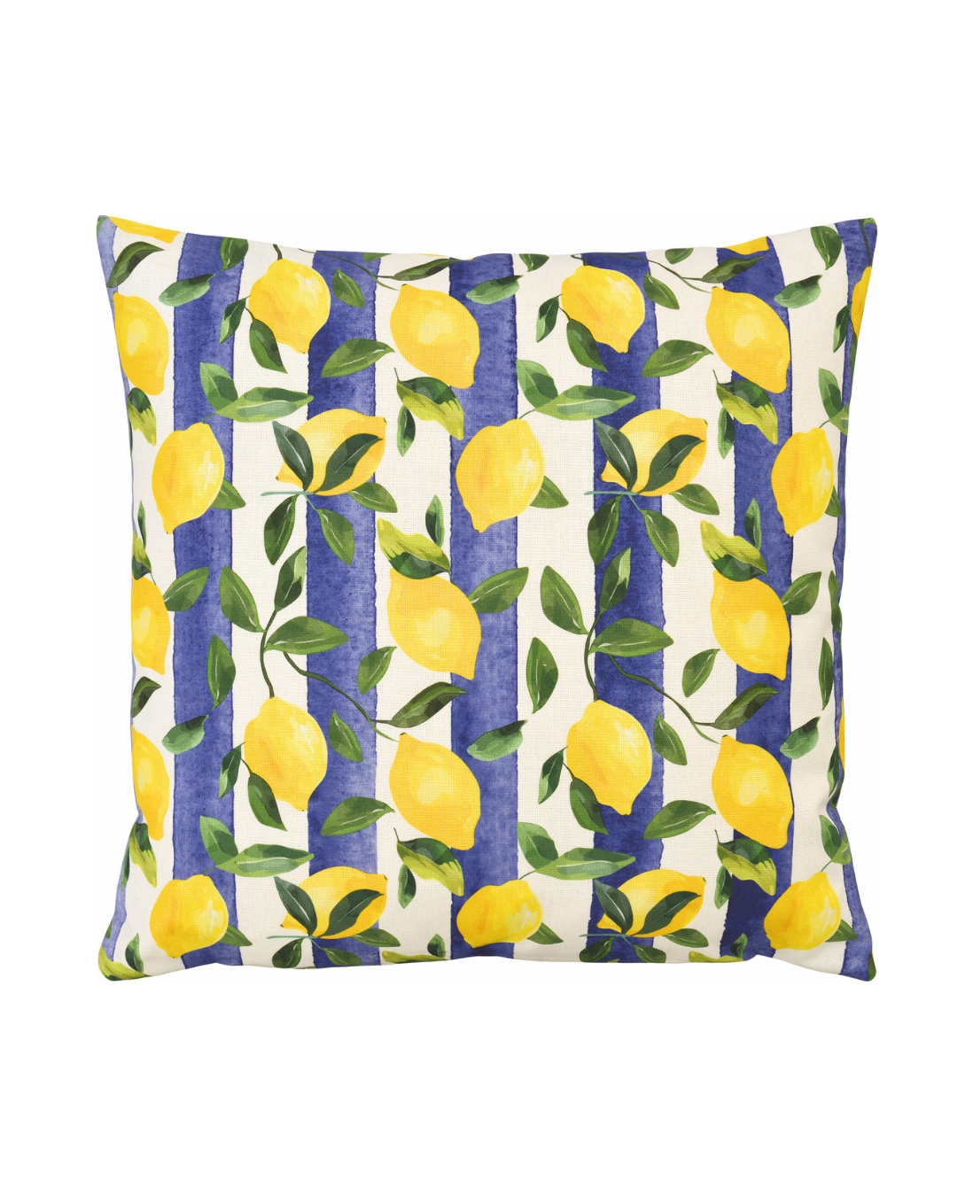 Zitronen Kissenbezug „Lemontree“ von Sander mit gelben Zitronen und grünen Blättern auf blau-weiß gestreiftem Grund. Der Bezug liegt auf weißem Hintergrund und zeigt das detaillierte, handgezeichnete Muster.