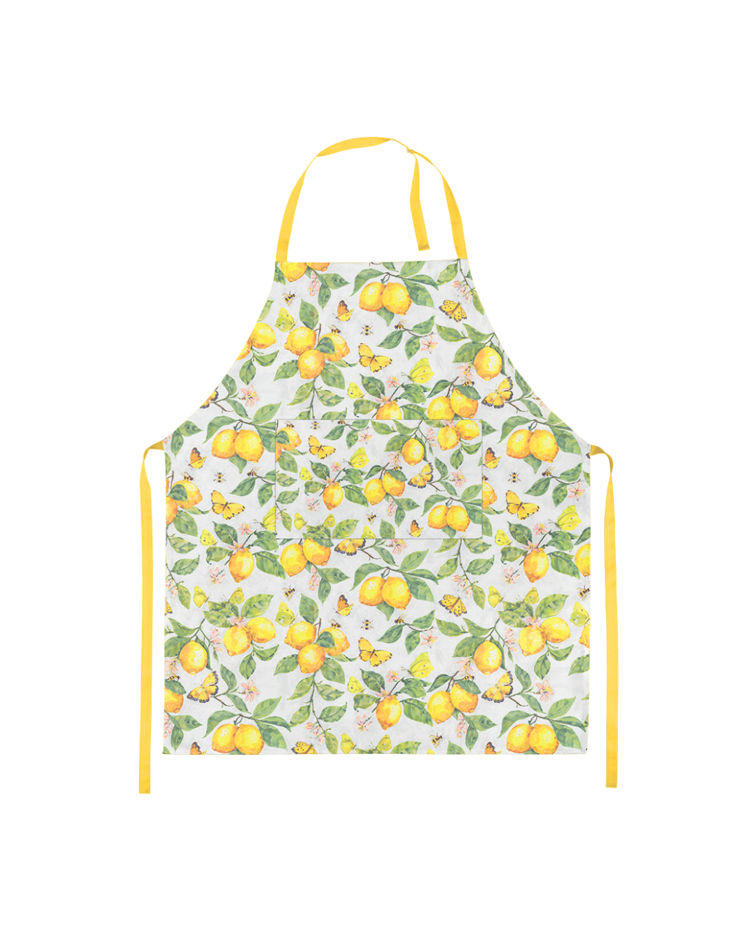 Kochschürze mit Zitronen-, Blätter- und Schmetterlingsmotiv der Marke Ambiente, mit gelben Trägern, isoliert auf weißem Hintergrund.