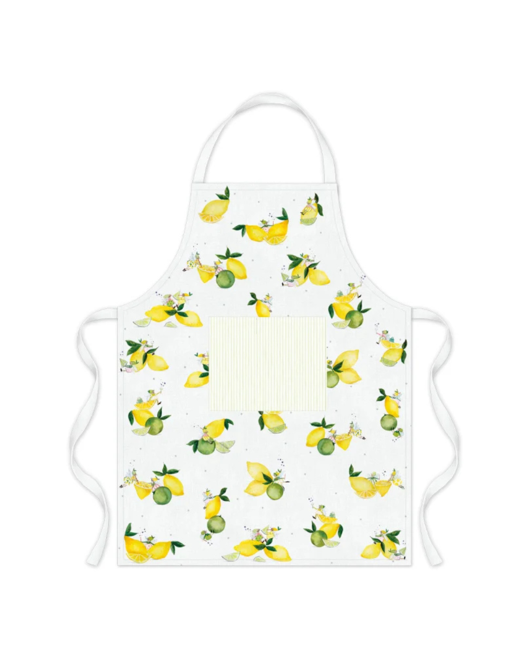 Kochschürze "Fresh Lemons" aus Baumwolle vom Grätz Verlag vor weißen Hintergrund. Das Motiv besteht aus vielen Zitronen und verschiedenen Zitronen-Feen,welche auf und vor den Zitrusfrüchten sitzen. Die Illustration stammt von Silke Leffler