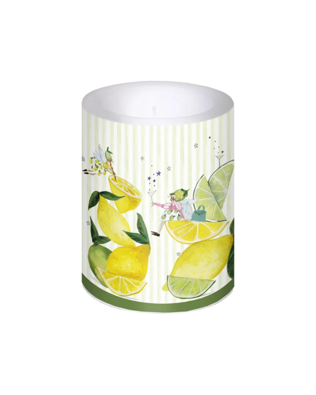Zitronenkerze "Fresh Lemons" aus Baumwolle vom Grätz Verlag vor weißen Hintergrund. Das Motiv besteht aus vielen Zitronen und verschiedenen Zitronen-Feen,welche auf und vor den Zitrusfrüchten sitzen. Die Illustration stammt von Silke Leffler.