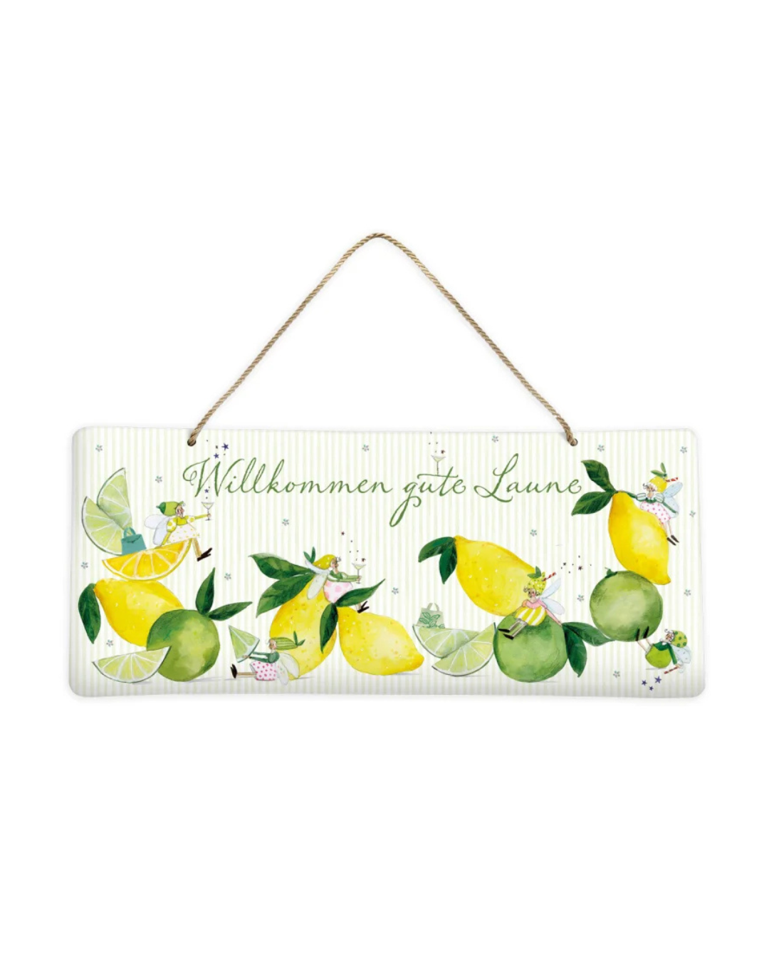 Zitronen-Metallschild "Fresh Lemons" vom Grätz Verlag vor weißen Hintergrund. Das Motiv besteht aus vielen Zitronen und verschiedenen Zitronen-Feen,welche auf und vor den Zitrusfrüchten sitzen. Die Illustration stammt von Silke Leffler.