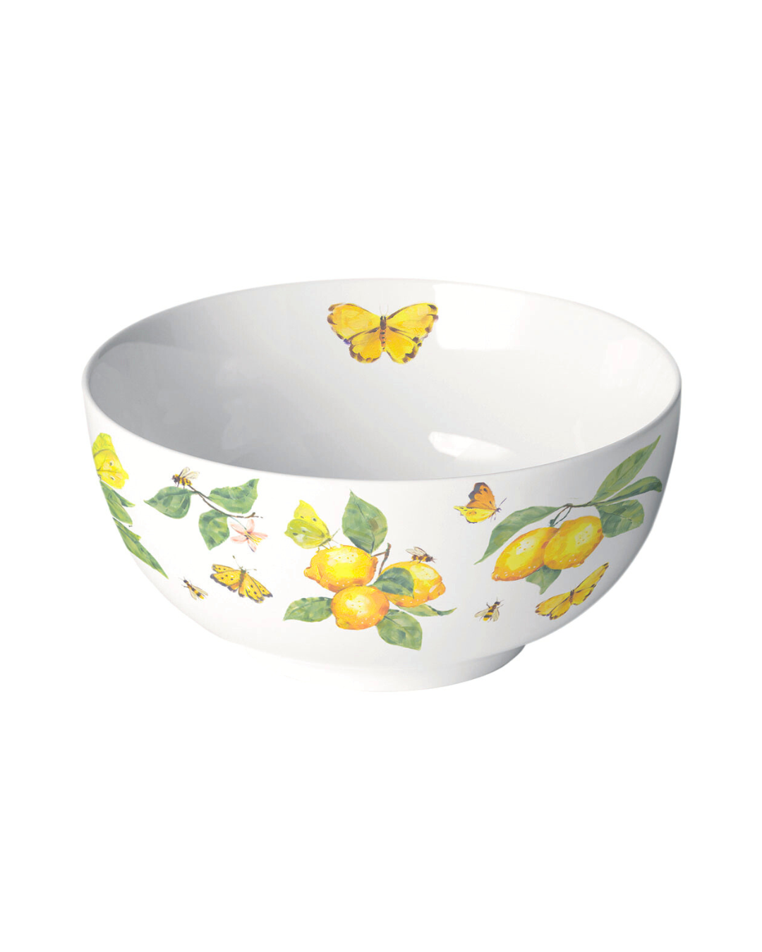 Weiße Keramik-Müslischale mit Zitronen- und Schmetterlingsmotiv der Marke Ambiente, isoliert auf weißem Hintergrund.