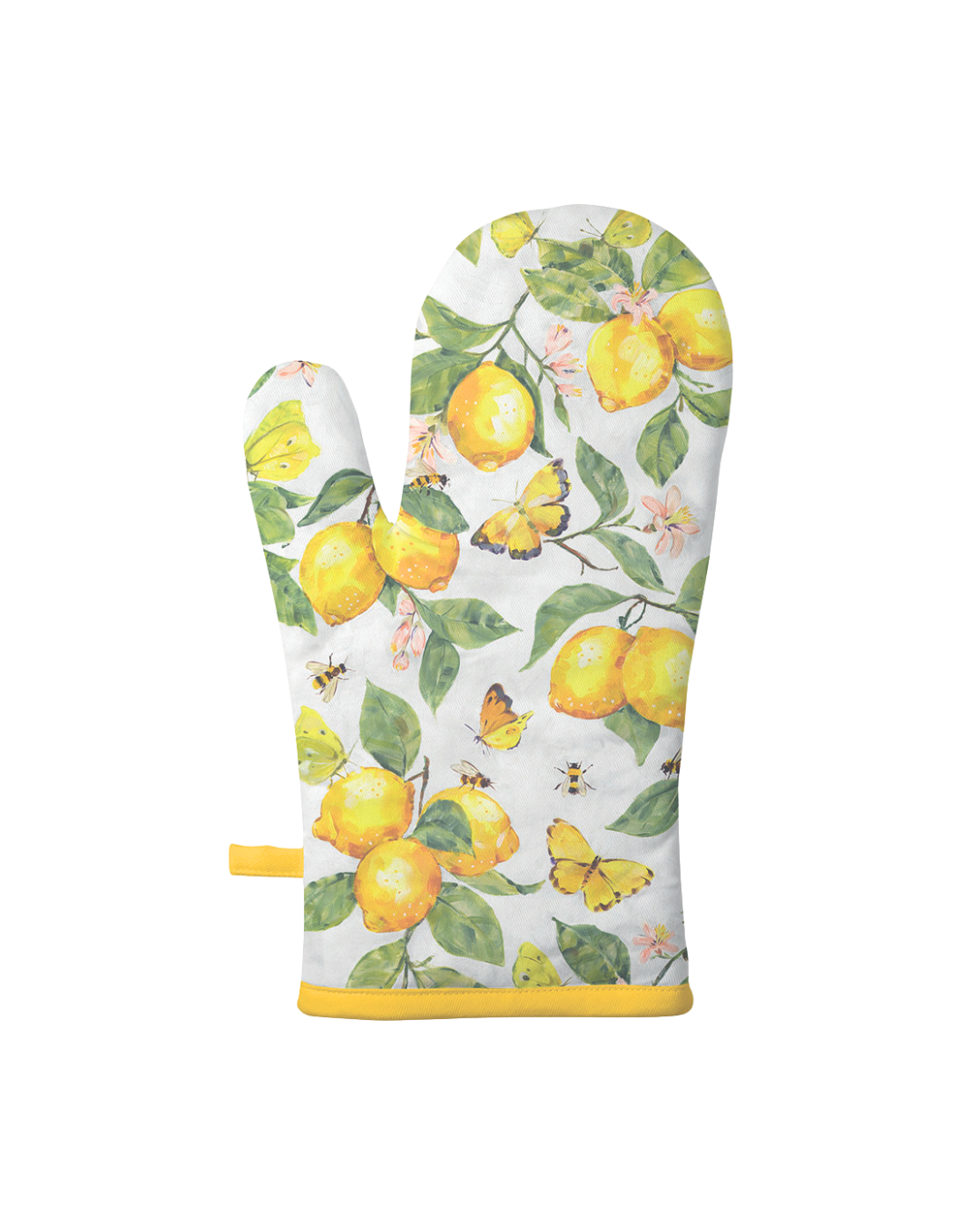 Ofenhandschuh mit Zitronen-, Blätter- und Schmetterlingsmotiv der Marke Ambiente, isoliert auf weißem Hintergrund.