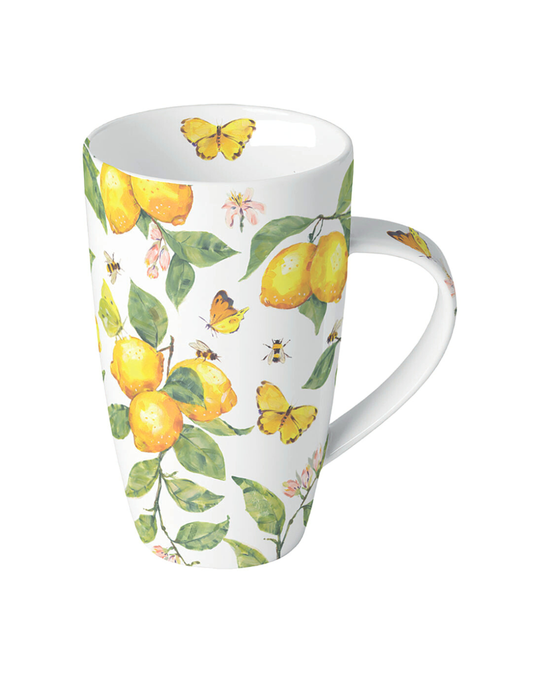Höhere weiße Keramik-Tasse mit Zitronen-, Blätter- und Schmetterlingsmotiv der Marke Ambiente, isoliert auf weißem Hintergrund.