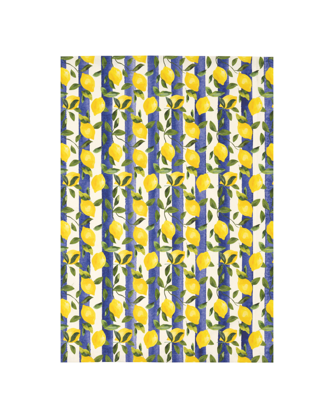 Zitronen Tischdecke „Lemontree“ von Sander mit gelben Zitronen und grünen Blättern auf blau-weiß gestreiftem Grund. Die Decke liegt auf weißem Hintergrund und zeigt das detaillierte, handgezeichnete Muster.