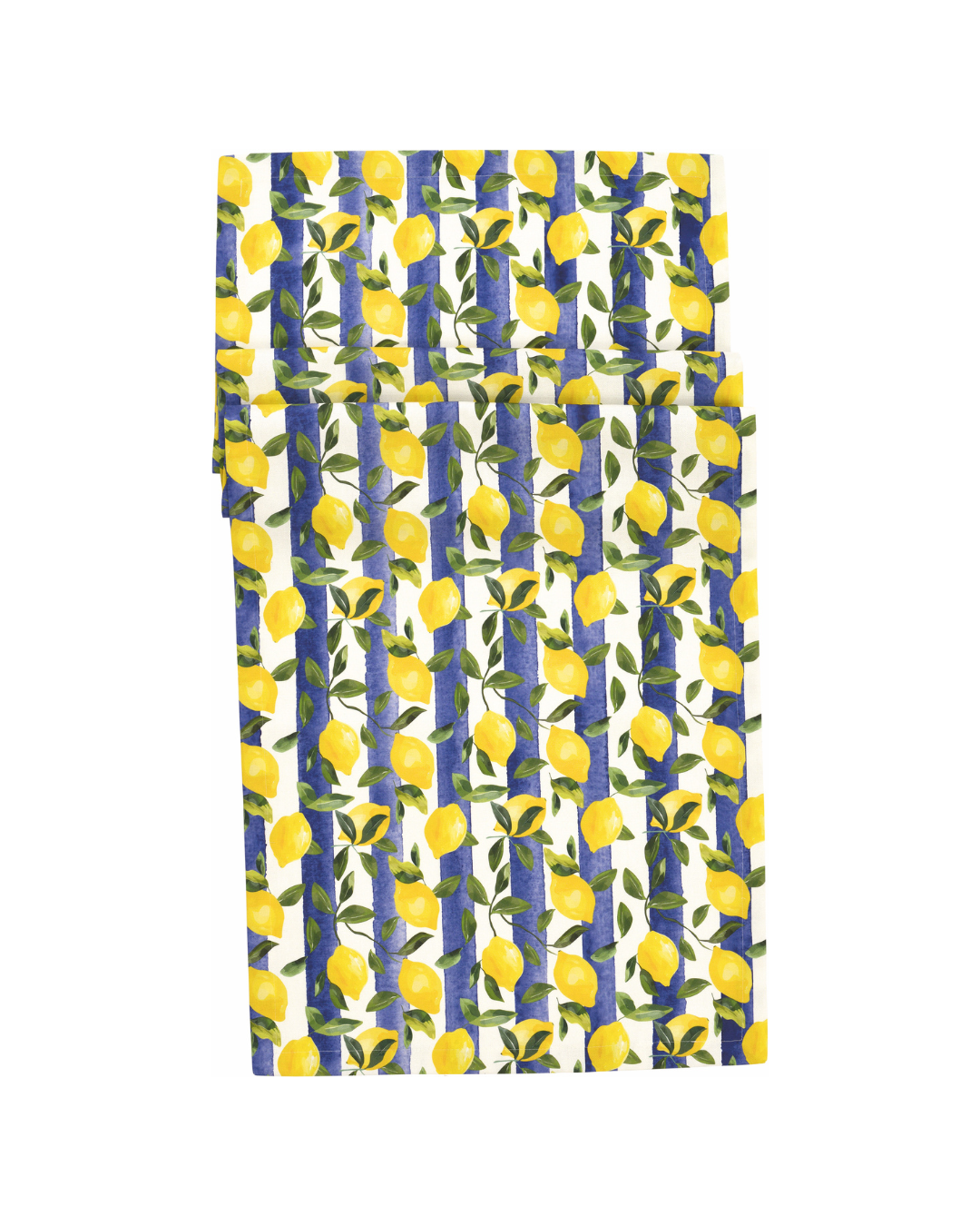 Zitronen Tischläufer „Lemontree“ von Sander mit gelben Zitronen und grünen Blättern auf blau-weiß gestreiftem Grund. Der Läufers liegt auf weißem Hintergrund und zeigt das detaillierte, handgezeichnete Muster.