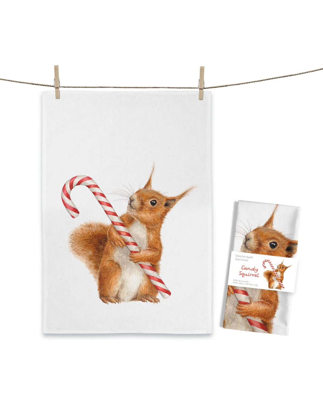 Geschirrtuch „Candy Squirrel“ von Maluu mit Eichhörnchen und Zuckerstange