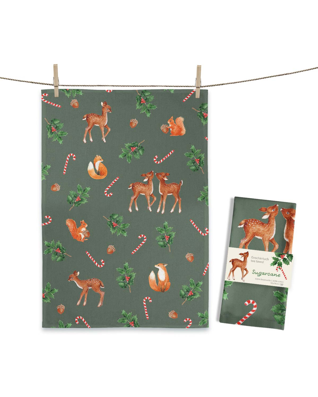 Geschirrtuch „Sugarcane“ von Maluu mit Rehen, Füchsen und Zuckerstangen