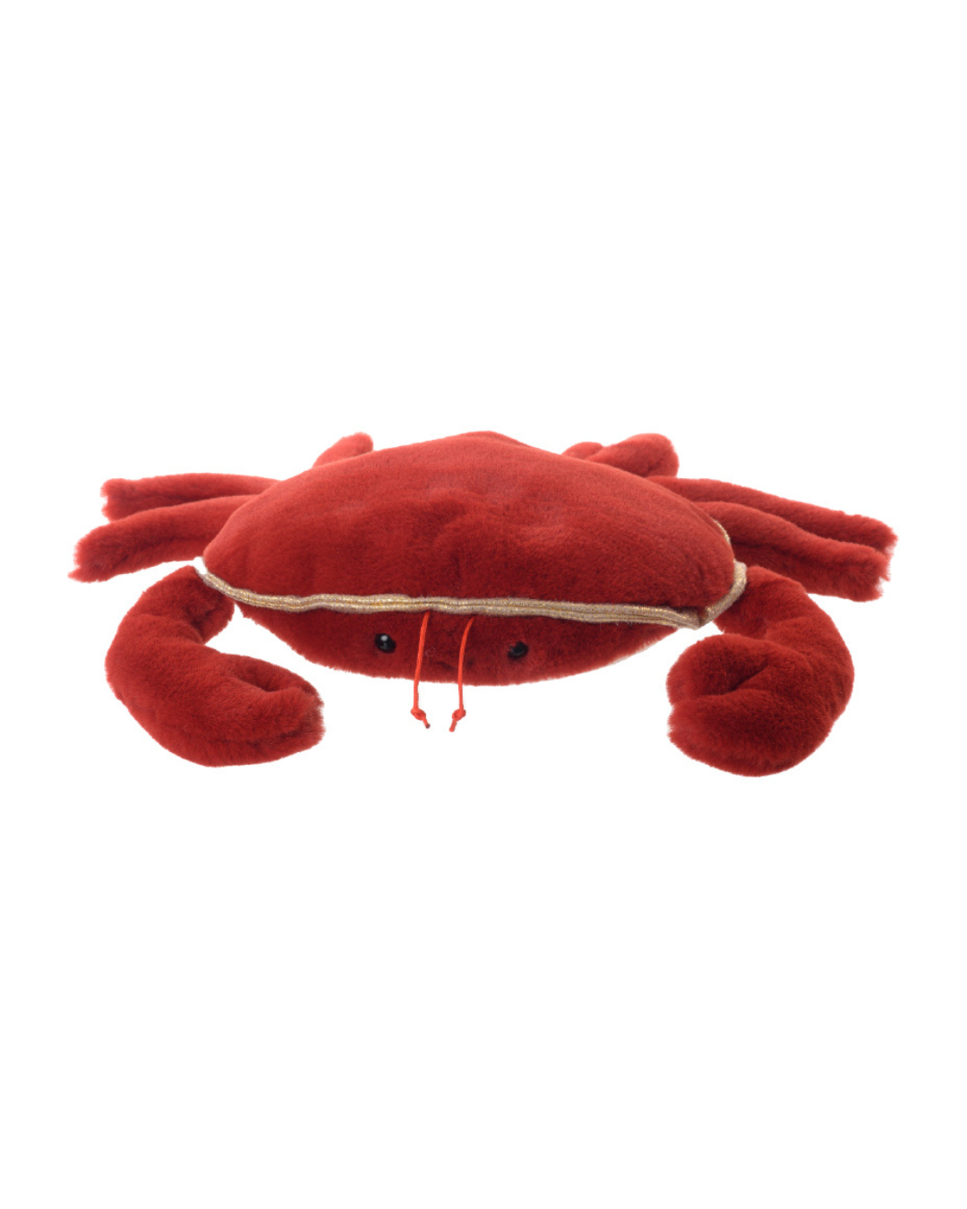Krabben-Kuscheltier Crabby von Bukowski Design in kräftigem Rot mit weichem Körper und kleinen schwarzen Augen, freigestellt auf weißem Hintergrund.