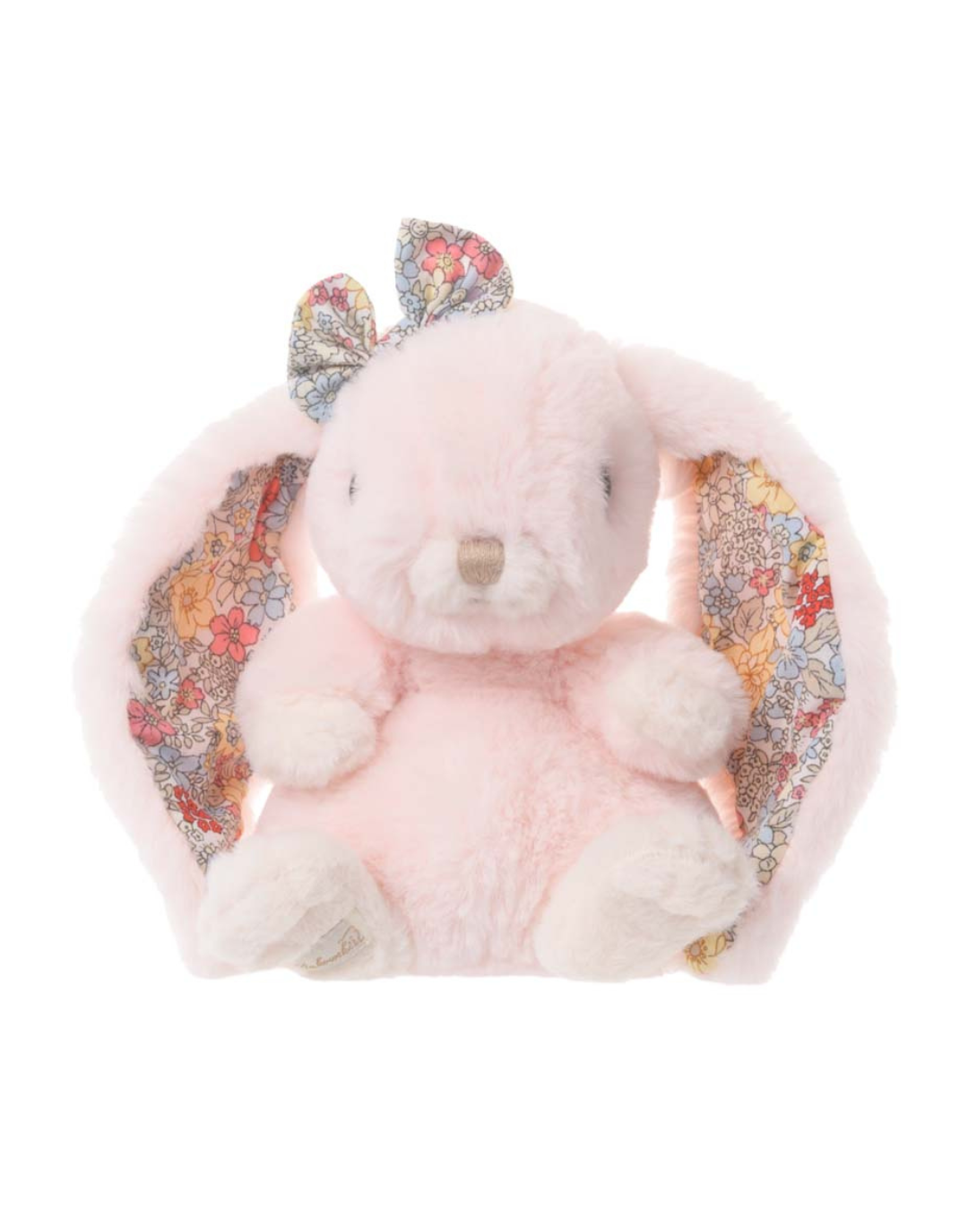 Kaninchen Kuscheltier Kanina von Bukowski in zartem Hellrosa mit langen Schlappohren und floral gemustertem Innenstoff, frontal freigestellt auf weißem Hintergrund.