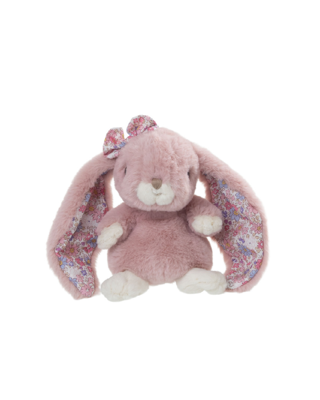 Kaninchen Kuscheltier Kanina von Bukowski in warmem Rosaton mit weichem Fell, Schleife am Ohr und floralen Stoffdetails, freigestellt auf weißem Hintergrund.